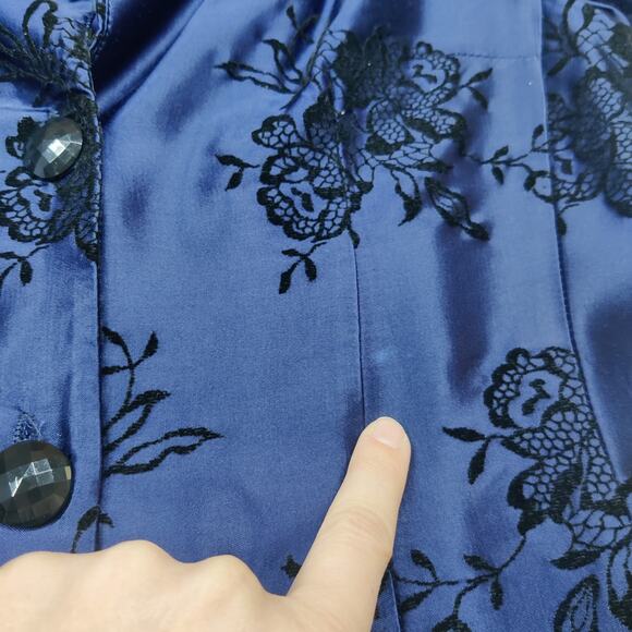 Vtg Positive Attitude Satin Velvet Burnout Floral Blazer Dress 10 Navy Blue - Picture 12 of 13